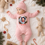 Personalized 3D-Style Art Cartoon Santa Claus Photo Snowball 100% Cotton Baby Romper Hat Set with Name Baby's 1st Christmas Gift for Baby Newborn
