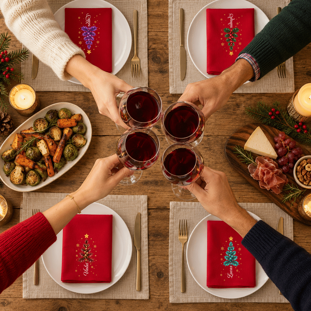 Servilleta de mesa personalizada con motivo de árbol de Navidad de acebo y estrella dorada, 100 % algodón, con nombre, decoración de mesa, regalo de Navidad para familiares y amigos 6