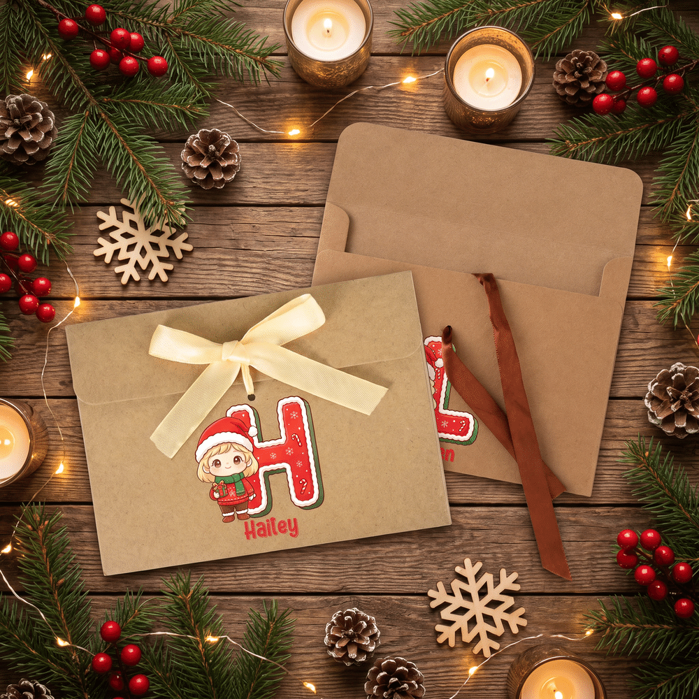 Juego de 2 sobres personalizados para dinero con diseño navideño de dibujos animados y foto de niño, con lazo y nombre. Regalo de Navidad para niños y amigos. 2