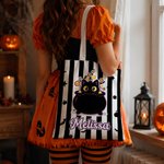 Personalized Halloween Cartoon Wizard Cat Ghost Spider Web Striped Canvas Tote Bag with Name Halloween Party for Kids