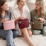 Personalised Leather Travel Makeup Case with Handle Cosmetic Bag Organiser Birthday Bridesmaid Proposal Gift for Her