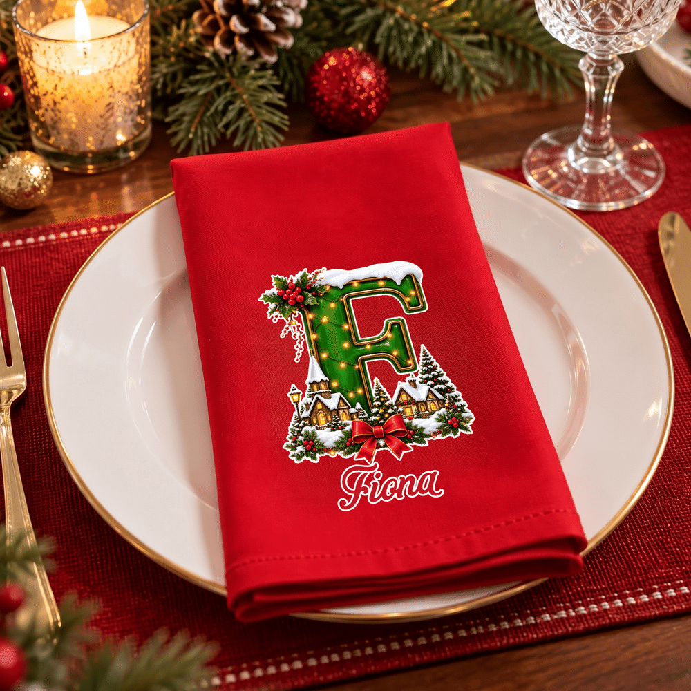 Servilleta navideña personalizada con iniciales, 100 % algodón, con nombre, decoración de mesa, regalo de Navidad para familiares y amigos 2