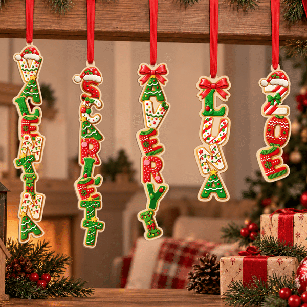 Personalized Christmas Letter Name Bow Santa Hat Wooden Ornament Home Decor Christmas Gift for Kids Family Friends
