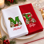 Servilleta navideña personalizada con iniciales, 100 % algodón, con nombre, decoración de mesa, regalo de Navidad para familiares y amigos 3