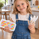 Ensemble de couverts personnalisé en acier inoxydable (3 pièces : fourchette, cuillère, couteau) au motif rayé coloré, avec prénom et étui – Cadeau d'anniversaire pour enfants