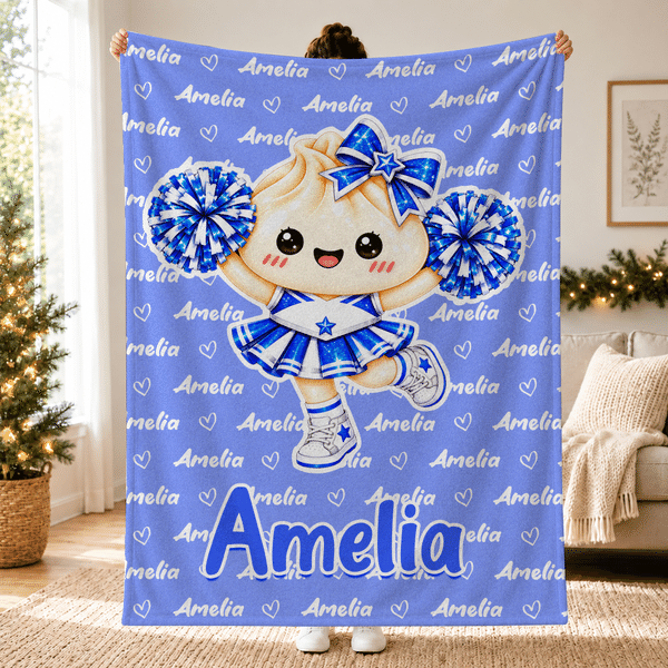 Personalised Glitter Cheerleader Dumpling Character Word Cloud Soft Throw Blanket with Name Home Decor Birthday Christmas Gift for Girls Friends