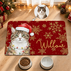 Personalized Watercolor Christmas Pet Photo PU Leather Waterproof Pet Feeding Mat with Name Daily Use Christmas Gift for Pet Owner