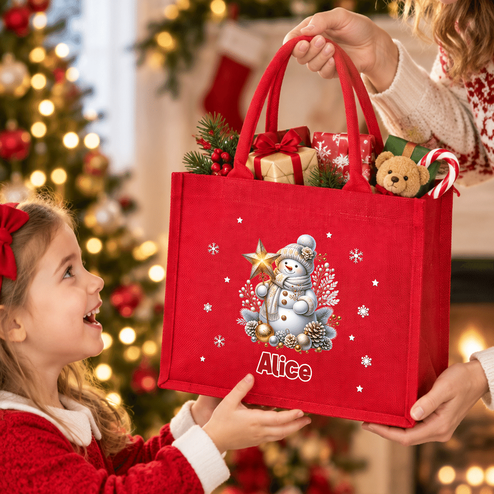 Bolso de lino rojo de gran capacidad, personalizado con un muñeco de nieve navideño y ramas de pino, con nombre. Ideal para el uso diario, como regalo para fiestas navideñas, para la familia, los amig 6