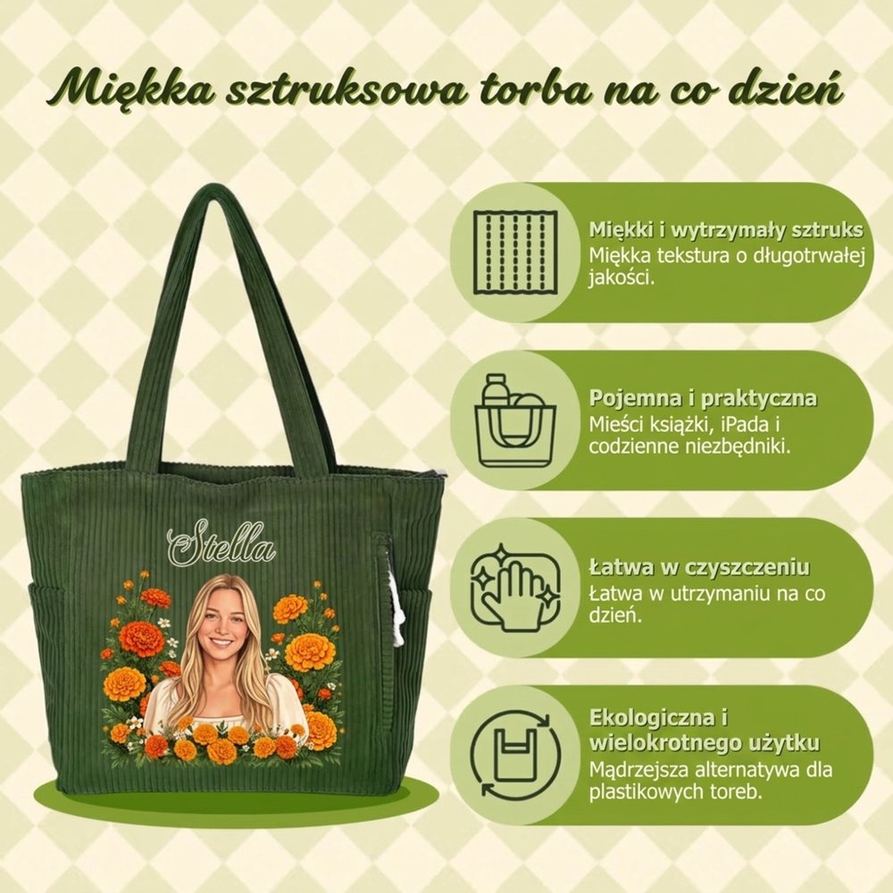 Personalizowana pojemna torba tote ze sztruksu z efektem 3D zdjęciem i imieniem kwiatem urodzinowym prezent dla kobiet i przyjaciół 13