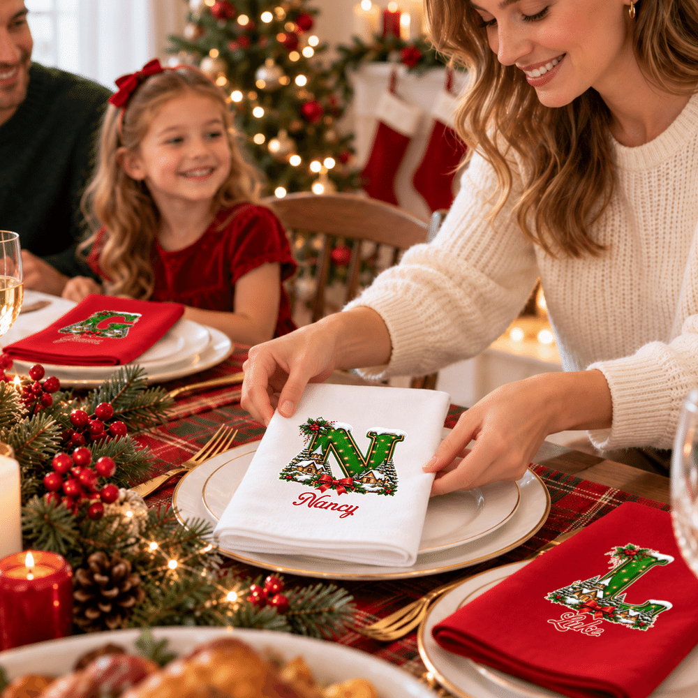 Servilleta navideña personalizada con iniciales, 100 % algodón, con nombre, decoración de mesa, regalo de Navidad para familiares y amigos 6