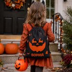 Personalized Halloween Pumpkin Face Expression Black Drawstring Gift Bag with Name Halloween Trick or Treat Gift for Kids Friends