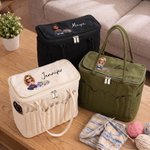 Personalized Cartoon Knitting Character Photo Large Canvas Yarn Storage Bag with Name Needle Pockets and Handle Crochet Birthday Gift for Craft Lovers
