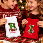 Servilleta navideña personalizada con iniciales, 100 % algodón, con nombre, decoración de mesa, regalo de Navidad para familiares y amigos 7