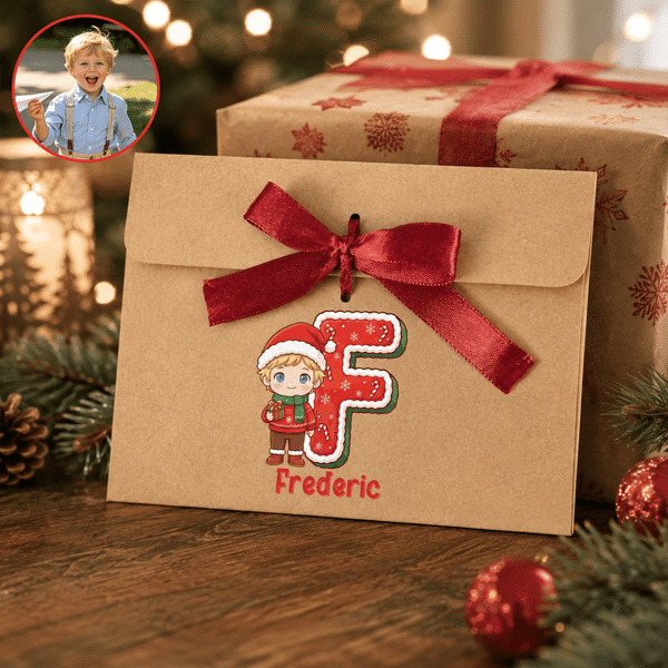 Juego de 2 sobres personalizados para dinero con diseño navideño de dibujos animados y foto de niño, con lazo y nombre. Regalo de Navidad para niños y amigos.