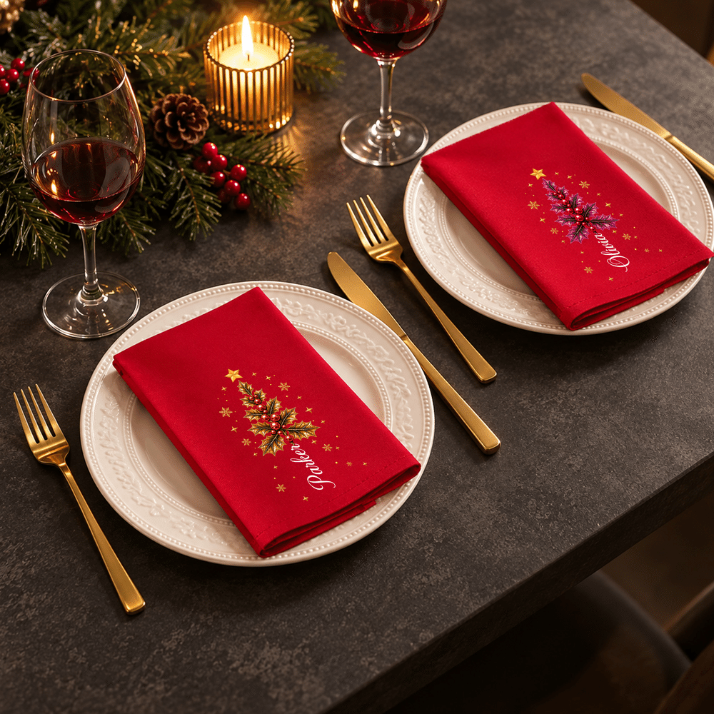 Servilleta de mesa personalizada con motivo de árbol de Navidad de acebo y estrella dorada, 100 % algodón, con nombre, decoración de mesa, regalo de Navidad para familiares y amigos 4