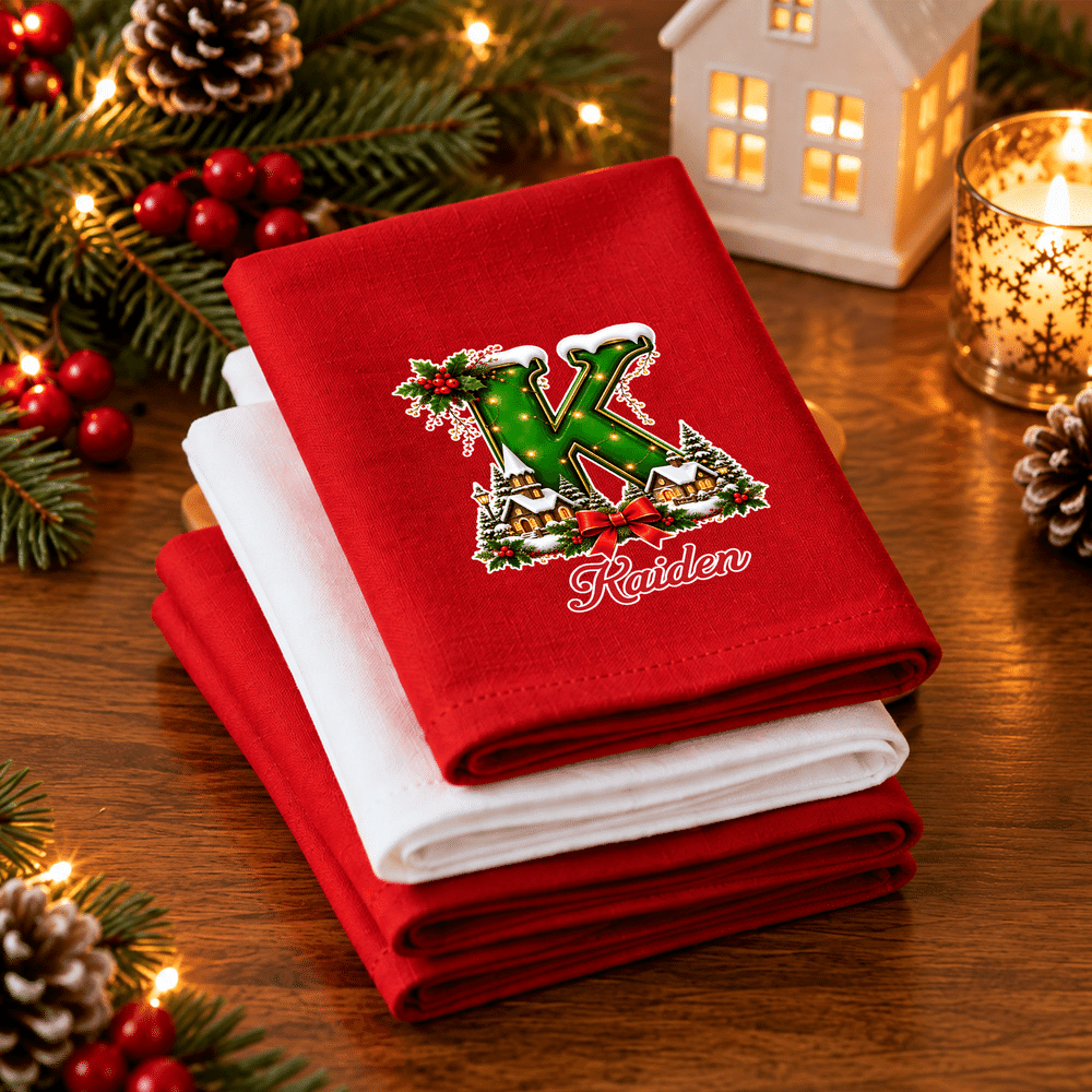 Servilleta navideña personalizada con iniciales, 100 % algodón, con nombre, decoración de mesa, regalo de Navidad para familiares y amigos 4