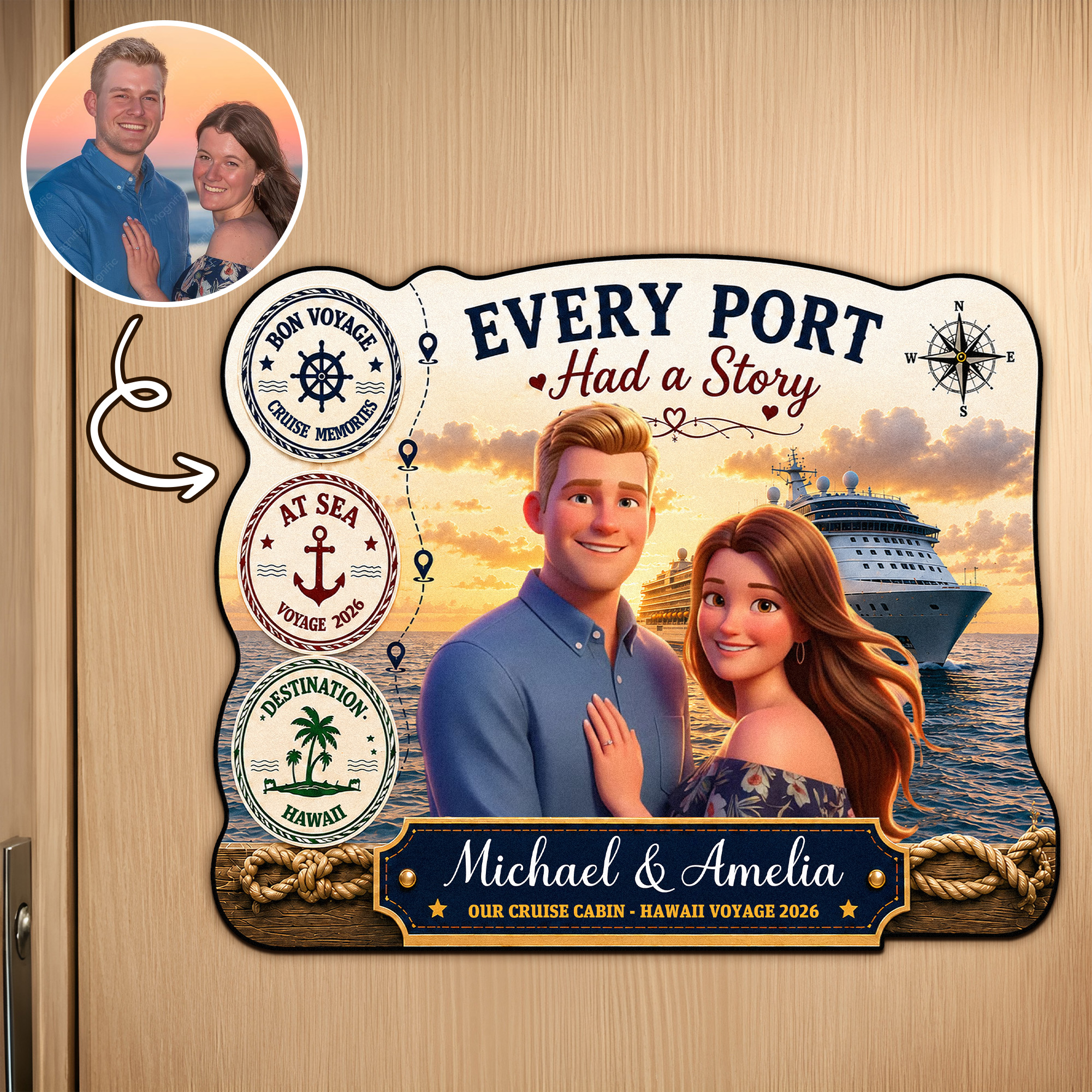 Personalisierter Türmagnet im 3D-Animationsstil mit Foto, Text und Jahreszahl – Wohnaccessoire, Familienzusammenkunft, Kreuzfahrt, Reise, Geburtstagsgeschenk für Paare und Familien