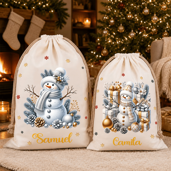 Personalized Cute Snowman Canvas Drawstring Gift Bag with Name Christmas Gift for Boys Girls