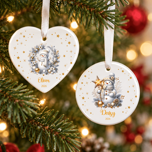 Personalized Christmas Theme Silver Snowman Star Heart Round Ceramic Ornament with Name and Year Christmas Holiday Gift for Family Friends