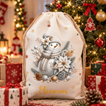 Personalized Cute Snowman Canvas Drawstring Gift Bag with Name Christmas Gift for Boys Girls