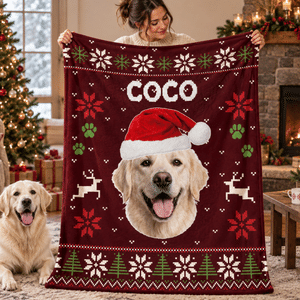 Personalised Cosy Pet Photo Santa Hat Christmas Throw Blanket with Name Home Decor Christmas Gift for Pet Owners Pet Lovers