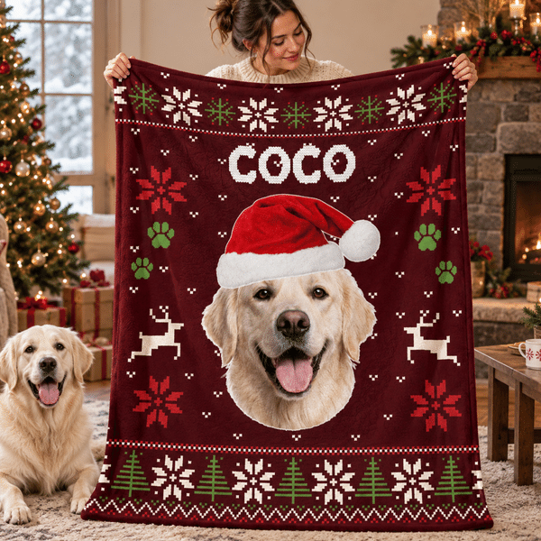 Manta navideña personalizada y acogedora con foto de tu mascota y gorro de Papá Noel, con nombre; decoración para el hogar y regalo de Navidad para dueños de mascotas y amantes de los animales