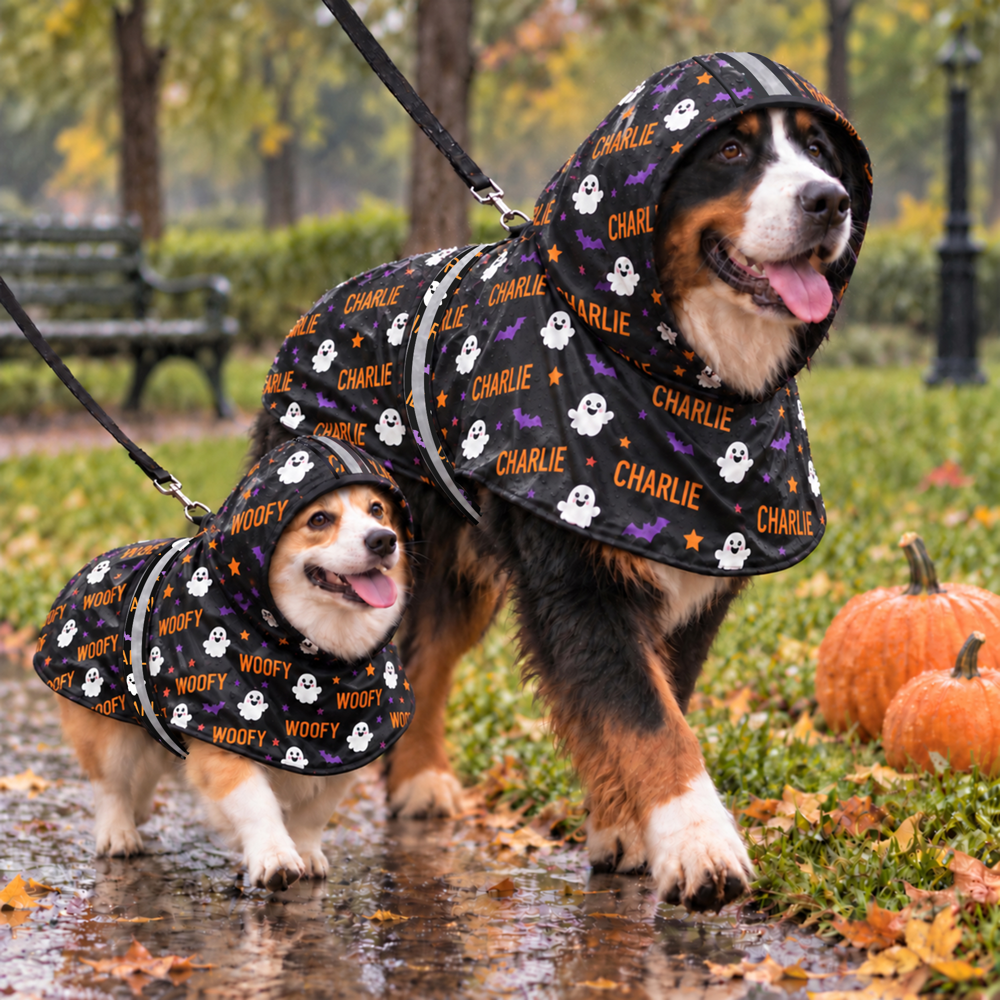 Individuell gestalteter, wasserdichter Halloween-Regenmantel für Hunde mit Fledermaus- und Sternmotiv, Namen und reflektierendem Streifen – Halloween-Geschenk für Tierliebhaber und Hundebesitzer