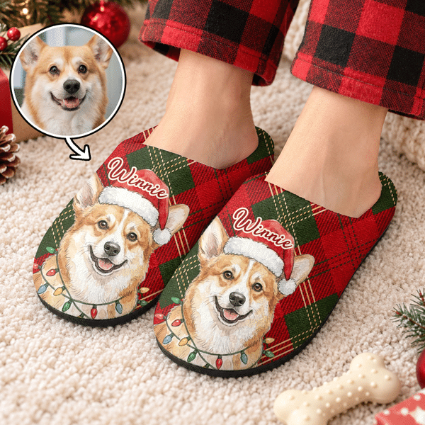 Personalised Christmas Lights Santa Hat Pet Photo Classic Plaid Anti-Slip Plush Slippers with Name Christmas Gift for Family Pet Lovers