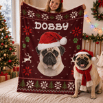 Manta navideña personalizada y acogedora con foto de tu mascota y gorro de Papá Noel, con nombre; decoración para el hogar y regalo de Navidad para dueños de mascotas y amantes de los animales