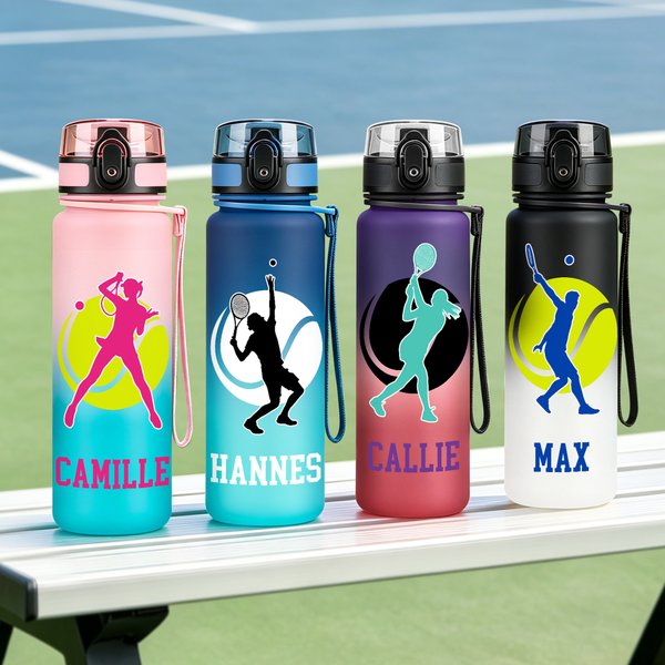 Personalised Tennis Character Pose Silhouette Name Gradient Sports Water Bottle with Flip Top Lid and Strap Gym Birthday Gift for Tennis Lover Player