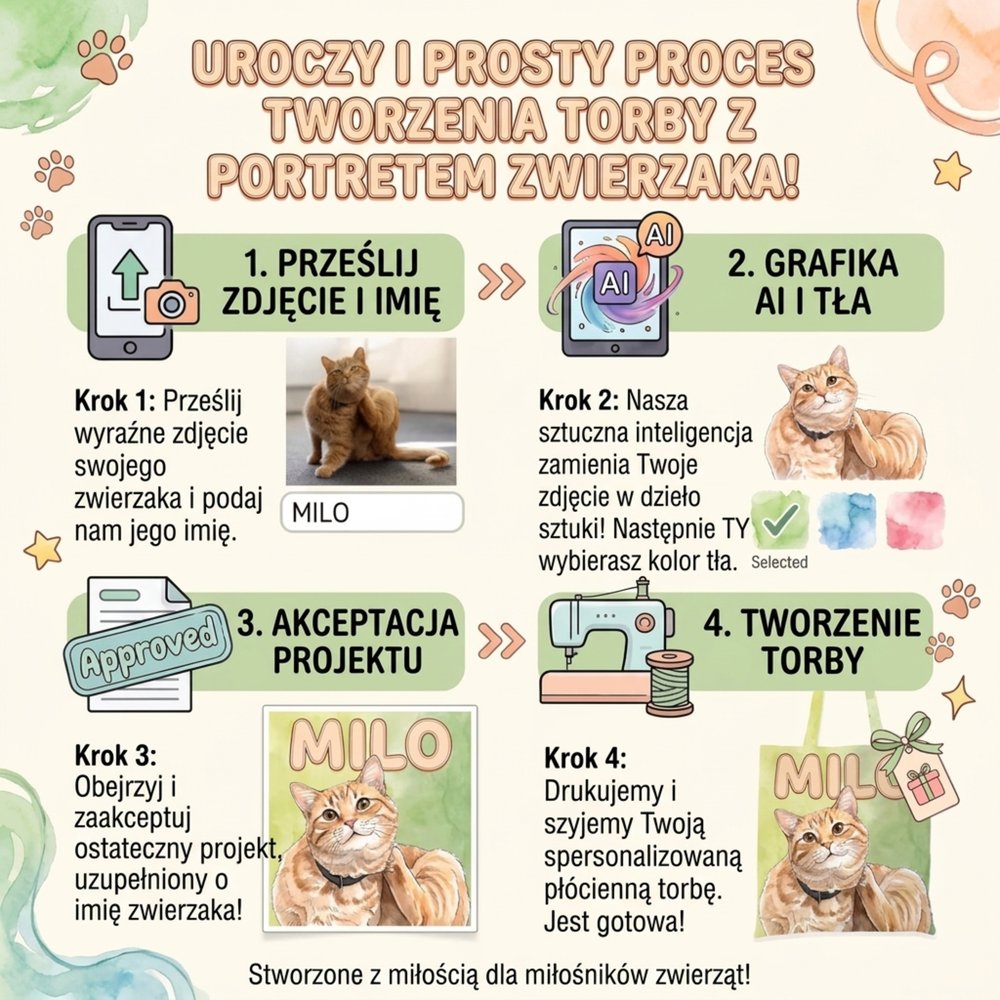 Personalizowana torba tote z akwarelowym portretem pupila zdjęciem i imieniem na co dzień prezent urodzinowy dla właścicieli i miłośników zwierząt 7