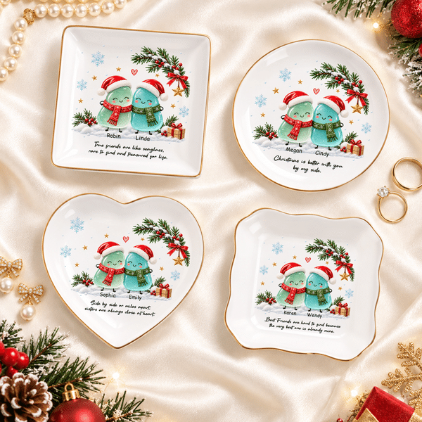 Personalized Santa Hat Sea Glass Character Holly Gold Rim Ceramic Trinket Jewellery Dish with Text and Name Christmas Gift for Sisters Friends