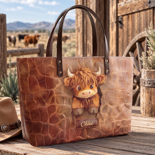 Personalised 3D-Effect Artwork Highland Cow Large Capacity Tote Bag with Name Daily Use Birthday Gift for Women Highland Cow Lovers