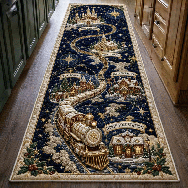 Christmas North Pole Express Train 3D Illusion Runner Rug, Snow Tunnel & Holiday Village Hallway Floor Mat, Christmas Gift for Family/Kids/Train Lover