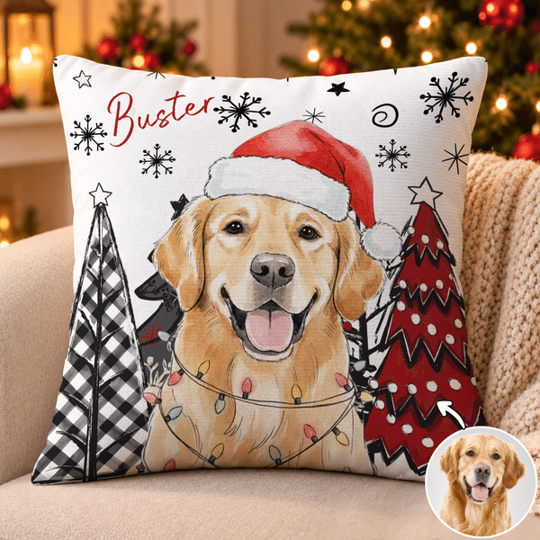Funda de cojín mullida personalizada con foto de tu mascota en acuarela y temática navideña, con nombre. Decoración para el sofá de casa. Regalo de Navidad para dueños de mascotas.