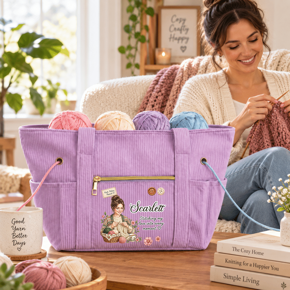 Borsa tote personalizzata in maglia, con motivo "Relax Repeat", disegno acquerellato, personaggio, foto, all'uncinetto e in velluto a coste, con nome; regalo di compleanno per l'uso quotidiano, per gl 3
