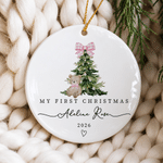 Personalised My First Christmas Pink Blue Plaid Bow Ceramic Ornament with Name and Year Tree Decor Baby First Christmas Gift for Baby Boy Girl