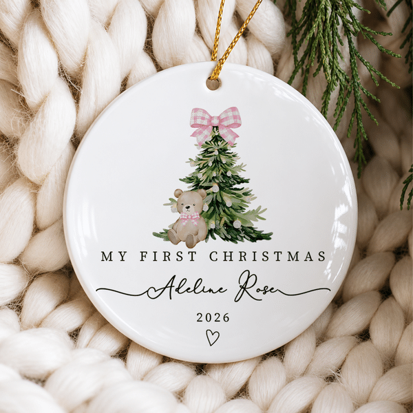 Personalised My First Christmas Pink Blue Plaid Bow Ceramic Ornament with Name and Year Tree Decor Baby First Christmas Gift for Baby Boy Girl
