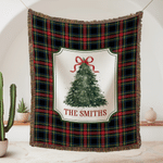 Personalized Watercolor Christmas Tree Buffalo Plaid Fleece Blanket with Tassels and Family Surname Soft Home Decor Christmas Gift for Family Friends 1