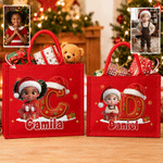 Personalized 3D-Effect Artwork Cartoon Character Photo Red Jute Tote Bag with Name and Initial Christmas Gift for Family Kids