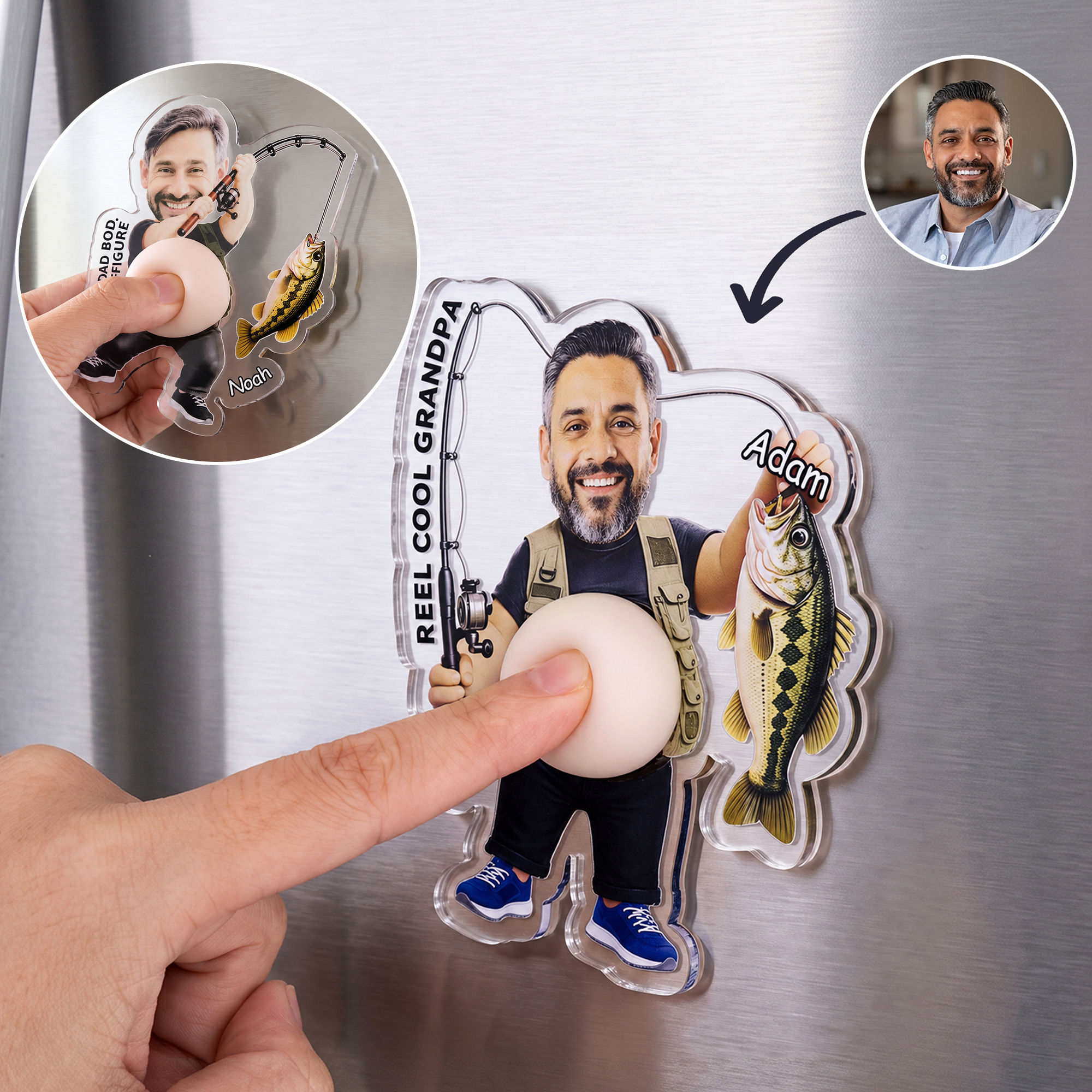 Individuell gestalteter Kühlschrankmagnet mit 3D-Effekt: „Fischender Papa“ mit weichem Bauch – Fotomagnet aus Acryl zum Stressabbau – Geburtstags- und Vatertagsgeschenk für Männer