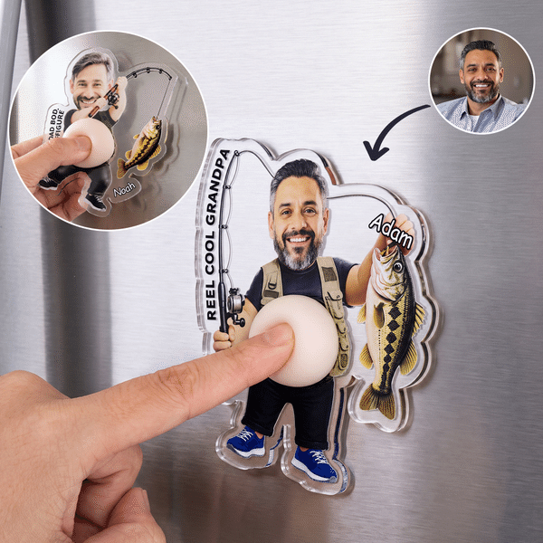 Personalized 3D-Effect Artwork Fishing Dad Squishy Belly Fridge Magnet Photo Stress Relief Acrylic Magnet Birthday Father's Day Gift for Man