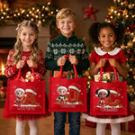 Personalized 3D-Effect Artwork Cartoon Character Photo Red Jute Tote Bag with Name and Initial Christmas Gift for Family Kids