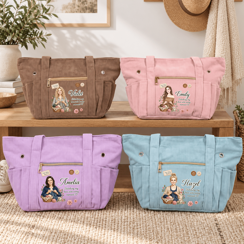 Borsa tote personalizzata in maglia, con motivo "Relax Repeat", disegno acquerellato, personaggio, foto, all'uncinetto e in velluto a coste, con nome; regalo di compleanno per l'uso quotidiano, per gl 2
