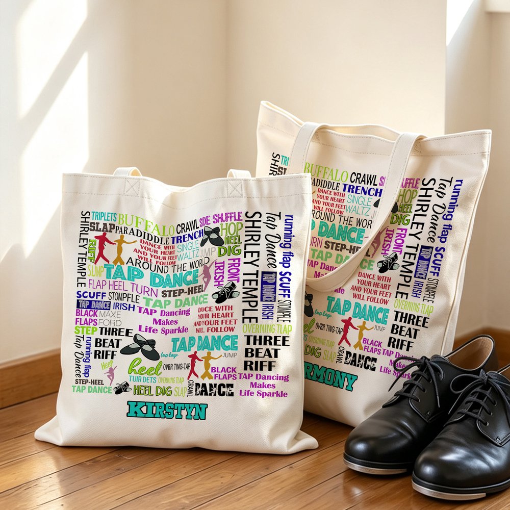 Personalised Colourful Print Tap Dance Word Cloud Large Capacity Canvas Tote Bag with Name Birthday Recital Gift for Tap Dancers Teachers 2