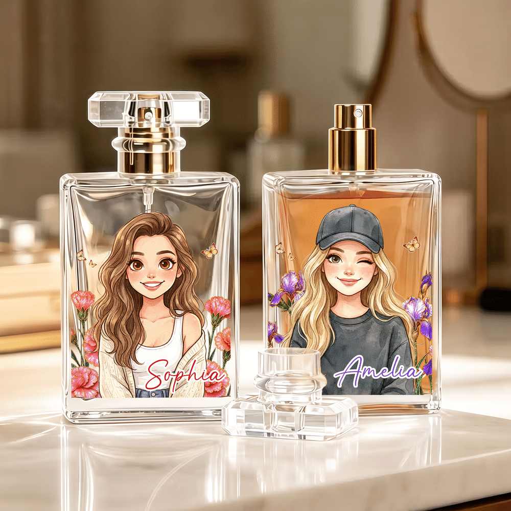 Flacon de parfum en verre rechargeable personnalisé avec photo nom et fleur de naissance - Effet aquarelle - Cadeau d'anniversaire pour femme 3