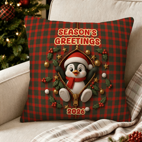 Personalised Cute Penguin Reindeer Plaid Design Soft Cushion Cover with Name Home Decor Christmas Gift for Family