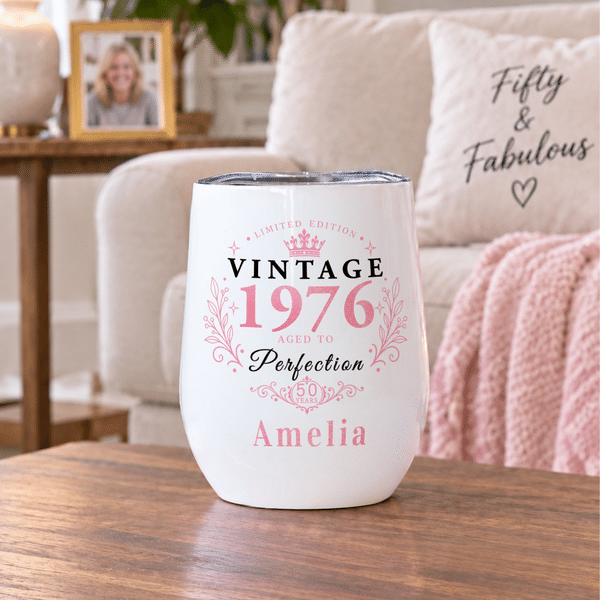 Personalised Vintage Crown Pattern 12 oz Wine Tumbler with Year Age and Name Birthday Party Anniversary Retirement Gift for Women Friends