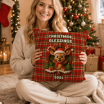 Personalised Cute Penguin Reindeer Plaid Design Soft Cushion Cover with Name Home Decor Christmas Gift for Family