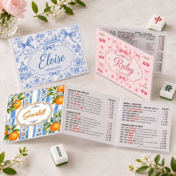 Personalized Retro Floral Orange Cherry Striped Portable Tri-Folded Mahjong Card Cover with Name Club Game Night for Mahjong Lovers